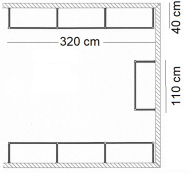 Ankleidezimmer Wandregalsystem Garderobensystem Ladeneinrichtung Grundriss Aufbau 320 cm und 110 cm Breit und 40 cm tief Etagen individuell einzustellen Wandbefestigung und Gummifüsse Stahlrohre verchromt Art Nr AnZi.3+3+1