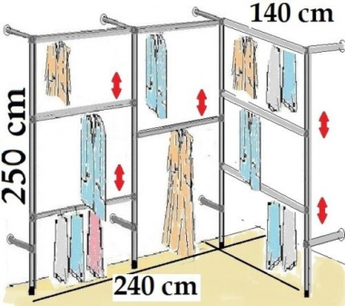 Wandregalsystem Garderobensystem 250 cm hoch und 240+140 cm breit Höhen individuell zu verschieben Wandbefestigung und Gummifüsse Stahlrohre verchromt Art Nr W04Eck