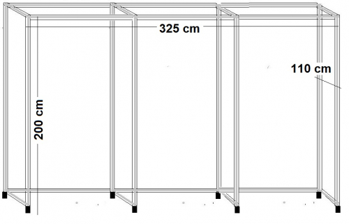 Umkleidekabine 3er Ankleidekabine frei stehend Breite 325x105 cm und 200 cm hoch Gummifüsse Stahlrohre verchromt Art Nr UFrei3