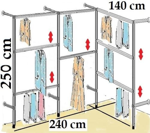 Wandregalsystem Garderobensystem 250 cm hoch und 240+140 cm breit Höhen individuell zu verschieben Wandbefestigung und Gummifüsse Stahlrohre verchromt Art Nr W04Eck