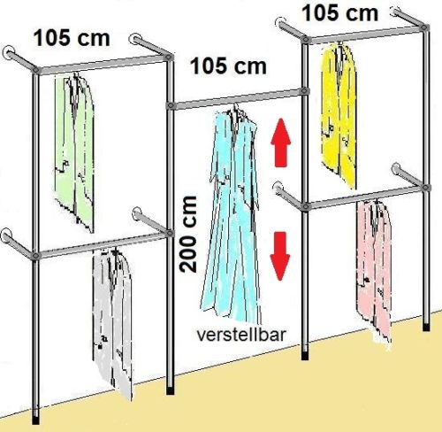 Wandregalsystem Garderobensystem begehbarer Kleiderschrank 200 cm hoch und 3 mal 105 cm breit Höhen variabel anzuschrauben Wandbefestigung und Gummifüsse Stahlrohre verchromt Art Nr W13