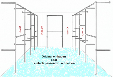 Ankleidezimmer Ladeneinrichtung begehbarer Kleiderschrank 2 mal 200x430 cm und 1 mal 200x110 cm Skizze Beispiel auf Wunschmasse zu zuschneiden Art Nr AnZi.4+4+1