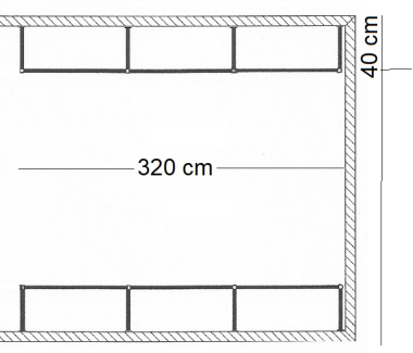 Ankleidezimmer Wandregalsystem Garderobensystem Ladeneinrichtung Grundriss Aufbau 320 cm Breit und 40 cm tief Etagen individuell einzustellen Wandbefestigung und Gummifüsse Stahlrohre verchromt Art Nr AnZi.3+3.0