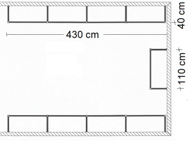 Ankleidezimmer Wandregalsystem Garderobensystem Ladeneinrichtung Grundriss Aufbau 430 cm und 110 cm Breit und 40 cm tief Etagen individuell einzustellen Wandbefestigung und Gummifüsse Stahlrohre verchromt Art Nr AnZi.4+4+1