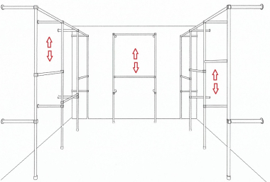 Ankleidezimmer Wandregalsystem Kleiderkammer begehbarer Schrank 2 mal 200x320 cm und 1 mal 200x110 cm 40 cm tief Etagen stufenlos verstellbar Wandbefestigung und Gummifüsse Stahlrohre verchromt Art Nr AnZi.3+3+1