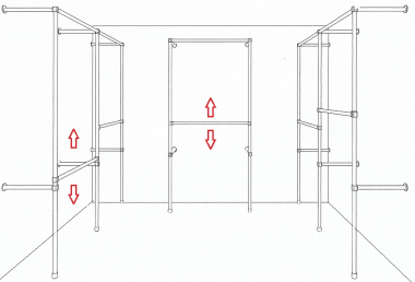Ankleidezimmer Wandregalsystem Kleiderkammer begehbarer Schrank 2 mal 200x210 cm und 1 mal 200x110 cm 40 cm tief Etagen stufenlos verstellbar Wandbefestigung und Gummifüsse Stahlrohre verchromt Art Nr AnZi.2+2+1
