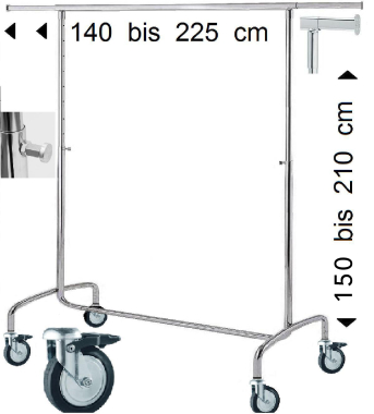 Hercules Kleiderständer höhenverstellbar 140cm bis 225cm Breit 150 bis 210 cm Hoch grosse Rollen stabile Ausführung Rollständer Konfektionsständer Chrome Art Nr Nr 4 4 8 Hercules
