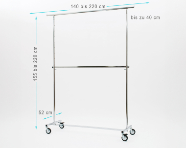 Kleiderständer Doppel Jumbo XXXL mit 2 Etagen höhenverstellbar 140cm Breit 155 bis 220 cm Hoch ausziehbar mit 4 grossen 80 mm Rollen sehr stabile Ausführung Rollständer Konfektionsständer Chrome Art Nr 2056-140-80-02