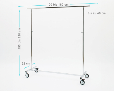 Kleiderständer Jumbo XXL höhenverstellbar 100cm Breit 155 bis 220 cm Hoch ausziehbar mit 4 grossen 80 mm Rollen sehr stabile Ausführung Rollständer Konfektionsständer Chrome Art Nr 2054-100-80