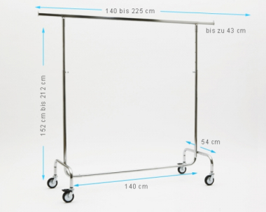 Kleiderständer höhenverstellbar 140cm Breit 152 bis 212 cm Hoch ausziehbar mit 4 grossen 80 mm Rollen stabile Ausführung Rollständer Konfektionsständer Chrome Art Nr 14-140-80