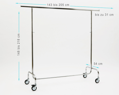 Kleiderständer höhenverstellbar 143cm Breit 148 bis 218 cm Hoch ausziehbar mit 4 grossen 80 mm Rollen stabile Ausführung 140 kg belastbar Rollständer Konfektionsständer Chrome Art Nr 2017-140-80