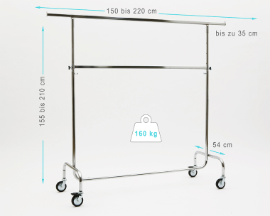 Kleiderständer höhenverstellbar 150cm Breit bis 220 cm hoch ausziehbar mit 4 grossen 80 mm Rollen extra stabile Ausführung 160 kg Chrome Art Nr 2016-150-80-02