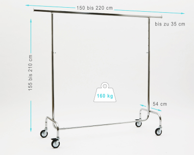 Kleiderständer höhenverstellbar 150cm Breit bis 220 cm hoch ausziehbar mit 4 grossen 80 mm Rollen extra stabile Ausführung 160 kg Chrome Art Nr 2016-150-80