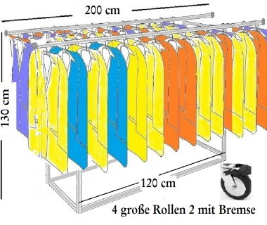 Profi Kleiderständer Warenständer Garderobe Regal freistehend mit Rollen 130 cm hoch 200 cm breit 60 cm tief Knotenverbinder Stahlrohre verchromt Art Nr St.05.200