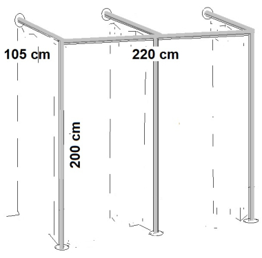 Umkleidekabine 2er Ankleidekabine Breite 220x105 cm und 200 cm hoch Wandbefestigung und Gummifüsse Stahlrohre verchromt Art Nr U2