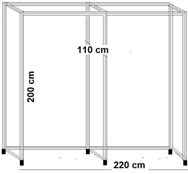 Umkleidekabine 2er Ankleidekabine frei stehend Breite 220x105 cm und 200 cm hoch Gummifüsse Stahlrohre verchromt Art Nr UFrei2
