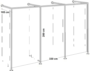 Umkleidekabine 3er Ankleidekabine Breite 330x105 cm und 200 cm hoch Wandbefestigung und Gummifüsse Stahlrohre verchromt Art Nr U3