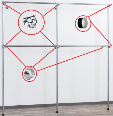 Wandregalsystem Garderobensystem 200x200 cm breit und 35 cm tief Zubehör Endkappen Gummifüsse Wandanschluss mit Knotenverbindung Wandbefestigung Rundrohre verchromt Art Nr W09