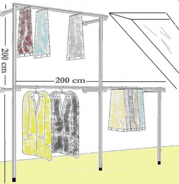 Wandregalsystem Garderobensystem Kleiderkammer Kleiderstange 200x200 cm breit und 35 cm tief speziell für Dachschrägen Wandbefestigung und Gummifüsse Stahlrohre verchromt Art Nr W08