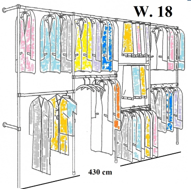 Wandregalsystem Garderobensystem Kleiderkammer Kleiderstange 200x430 cm breit und 40 cm tief Etagen individuell einzustellen Wandbefestigung und Gummifüsse Stahlrohre verchromt Art Nr W18