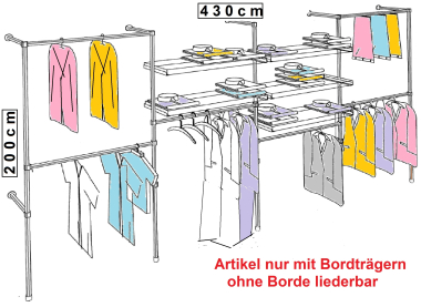 Wandregalsystem Garderobensystem Kleiderkammer Kleiderstange mit Bordetagenhalter 200x430 cm breit und 40 cm tief Etagen individuell einzustellen Wandbefestigung und Gummifüsse Stahlrohre verchromt Art Nr W17