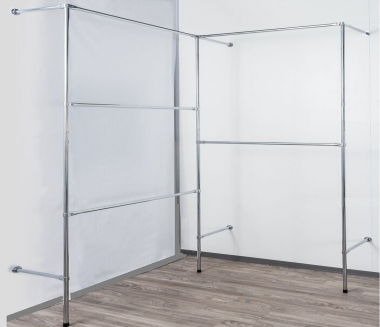 Wandregalsystem Garderobensystem Kleiderkammer Kleiderstangen 250x210 cm breit und 40 cm tief Ebenen individuell zu verschieben Wandbefestigung und Gummifüsse Stahlrohre verchromt Art Nr W02Eck