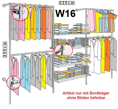 Wandregalsystem Garderobensystem begehbarer Kleiderschrank mit Regalbodenhalter 200 cm hoch und 320 cm breit Höhen variabel anzuschrauben Wandbefestigung und Gummifüsse Stahlrohre verchromt Art Nr W16