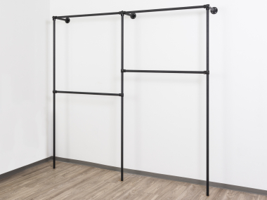 Wandregalsystem Schwarz Garderobensystem 205 cm hoch und 215 cm breit Wandbefestigung Verbinder und 27 mm Stahlrohre pulverbeschichtet Art Nr W03BK