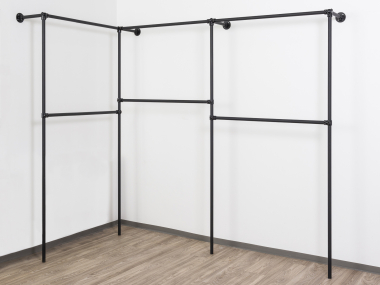 Wandregalsystem Schwarz Garderobensystem 205 cm hoch und 215 cm und 110 cm breit Wandbefestigung Verbinder Innenverbinder 27 mm Stahlrohre pulverbeschichtet Art Nr W21BK
