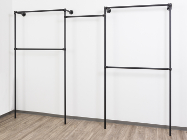 Wandregalsystem Schwarz Garderobensystem 205 cm hoch und 325 cm breit Wandbefestigung Verbinder und 27 mm Stahlrohre pulverbeschichtet Art Nr W13BK