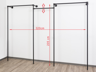 Preview: Wandregalsystem Schwarz Garderobensystem 205x320 cm breit und 50 cm tief Zubehör Endkappen Wandanschluss mit Eckverbindung Wandbefestigung Rundrohre pulverbeschichtet Art Nr W14BK