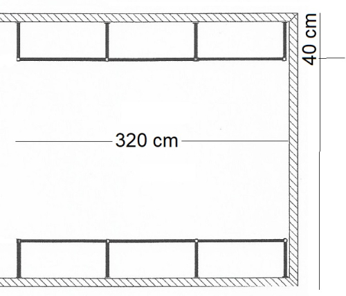 Ankleidezimmer Wandregalsystem Garderobensystem Ladeneinrichtung Grundriss Aufbau 320 cm Breit und 40 cm tief Etagen individuell einzustellen Wandbefestigung und Gummifüsse Stahlrohre verchromt Art Nr AnZi.3+3.0