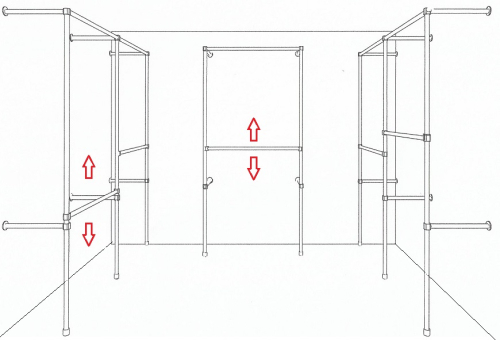 Ankleidezimmer Wandregalsystem Kleiderkammer begehbarer Schrank 2 mal 200x210 cm und 1 mal 200x110 cm 40 cm tief Etagen stufenlos verstellbar Wandbefestigung und Gummifüsse Stahlrohre verchromt Art Nr AnZi.2+2+1