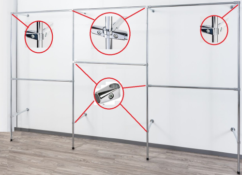 Ankleidezimmer Wandregalsystem begehbarer Kleiderschrank Aufbau Anleitung Skizze Zubehör Verbinder Füsse Wandanschluss Wandbefestigung Rundrohre Chrom Art Nr AnZi.4+4.0