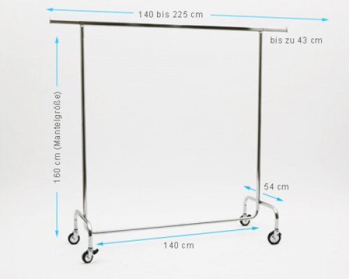 Kleiderständer 140cm Breit 160 cm Hoch mit 4 Rollen grossen 100 mm Rollen stabile Ausführung Rollständer Konfektionsständer Chrome Art Nr 13-140-100