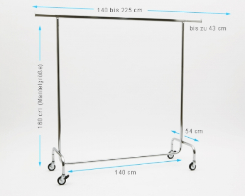 Kleiderständer 140cm Breit 160 cm Hoch mit 4 Rollen grossen 80 mm Rollen stabile Ausführung Rollständer Konfektionsständer Chrome Art Nr 13-140-80