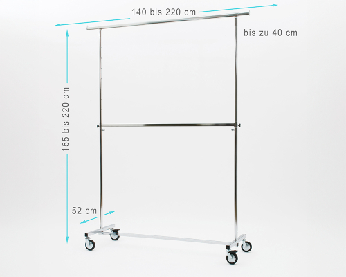 Kleiderständer Doppel Jumbo XXXL mit 2 Etagen höhenverstellbar 140cm Breit 155 bis 220 cm Hoch ausziehbar mit 4 grossen 80 mm Rollen sehr stabile Ausführung Rollständer Konfektionsständer Chrome Art Nr 2056-140-80-02