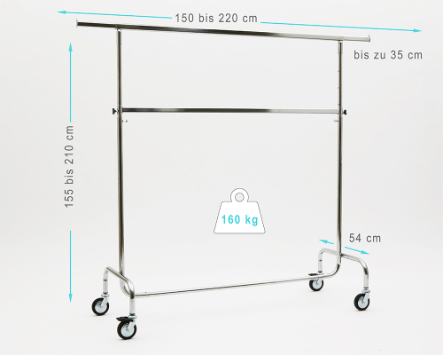 Kleiderständer höhenverstellbar 150cm Breit bis 220 cm hoch ausziehbar mit 4 grossen 80 mm Rollen extra stabile Ausführung 160 kg Chrome Art Nr 2016-150-80-02