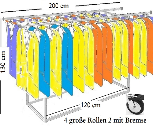 Profi Kleiderständer Warenständer Garderobe Regal freistehend mit Rollen 130 cm hoch 200 cm breit 60 cm tief Knotenverbinder Stahlrohre verchromt Art Nr St.05.200