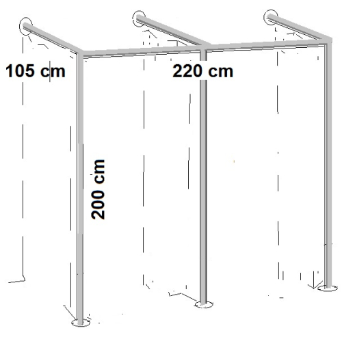 Umkleidekabine 2er Ankleidekabine Breite 220x105 cm und 200 cm hoch Wandbefestigung und Gummifüsse Stahlrohre verchromt Art Nr U2