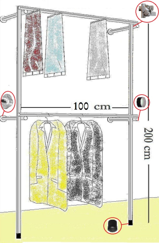 Wandregalsystem Garderobensystem 200x100 cm breit und 35 cm tief Zubehör Endkappen Gummifüsse Wandanschluss mit Knotenverbindung Wandbefestigung Rundrohre verchromt Art Nr W07