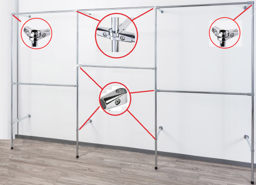Wandregalsystem Garderobensystem 200x230 cm breit und 40 cm tief Zubehör Verbinder variabel Gummifüsse Wandanschluss Wandbefestigung Rundrohre verchromt Art Nr W14