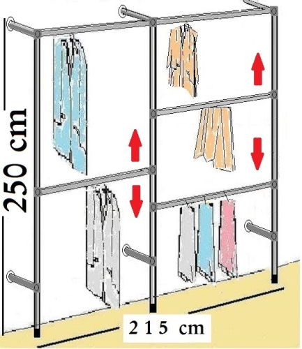 Wandregalsystem Garderobensystem 250 cm hoch und 215 cm breit Höhen individuell zu verschieben Wandbefestigung und Gummifüsse Stahlrohre verchromt Art Nr W02