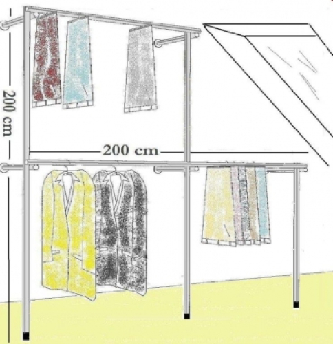 Wandregalsystem Garderobensystem Kleiderkammer Kleiderstange 200x200 cm breit und 35 cm tief speziell für Dachschrägen Wandbefestigung und Gummifüsse Stahlrohre verchromt Art Nr W08