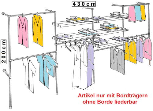 Wandregalsystem Garderobensystem Kleiderkammer Kleiderstange mit Bordetagenhalter 200x430 cm breit und 40 cm tief Etagen individuell einzustellen Wandbefestigung und Gummifüsse Stahlrohre verchromt Art Nr W17