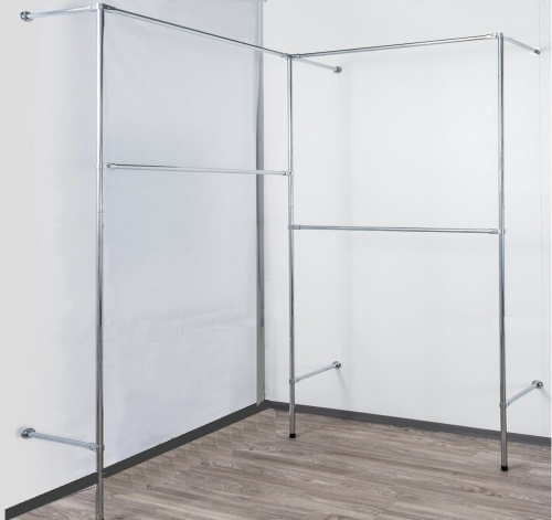 Wandregalsystem Garderobensystem Kleiderkammer Kleiderstangen 200x105x105 cm breit und 40 cm tief Ebenen individuell zu verschieben Wandbefestigung und Gummifüsse Stahlrohre verchromt Art Nr W03Eck