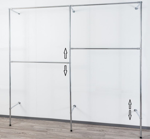 Wandregalsystem Garderobensystem Kleiderkammer Kleiderstangen 200x210 cm breit und 40 cm tief Ebenen individuell zu verschieben Wandbefestigung und Gummifüsse Stahlrohre verchromt Art Nr W03