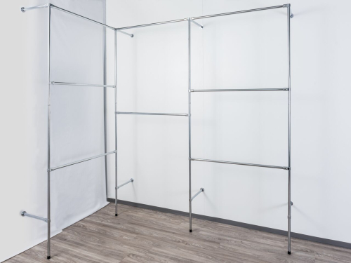 Wandregalsystem Garderobensystem Kleiderkammer Kleiderstangen 250 cm hoch und 40 cm tief Ecklösung Wandbefestigung und Gummifüsse Stahlrohre verchromt Art Nr W04Eck