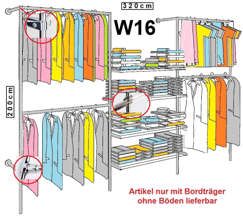 Wandregalsystem Garderobensystem begehbarer Kleiderschrank mit Regalbodenhalter 200 cm hoch und 320 cm breit Höhen variabel anzuschrauben Wandbefestigung und Gummifüsse Stahlrohre verchromt Art Nr W16