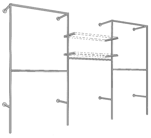 Wandregalsystem Garderobensystem begehbarer Kleiderschrank mit Regalbodenhalter 200 cm hoch und 330 cm breit Höhen variabel anzuschrauben Wandbefestigung und Gummifüsse Stahlrohre verchromt Art Nr W15